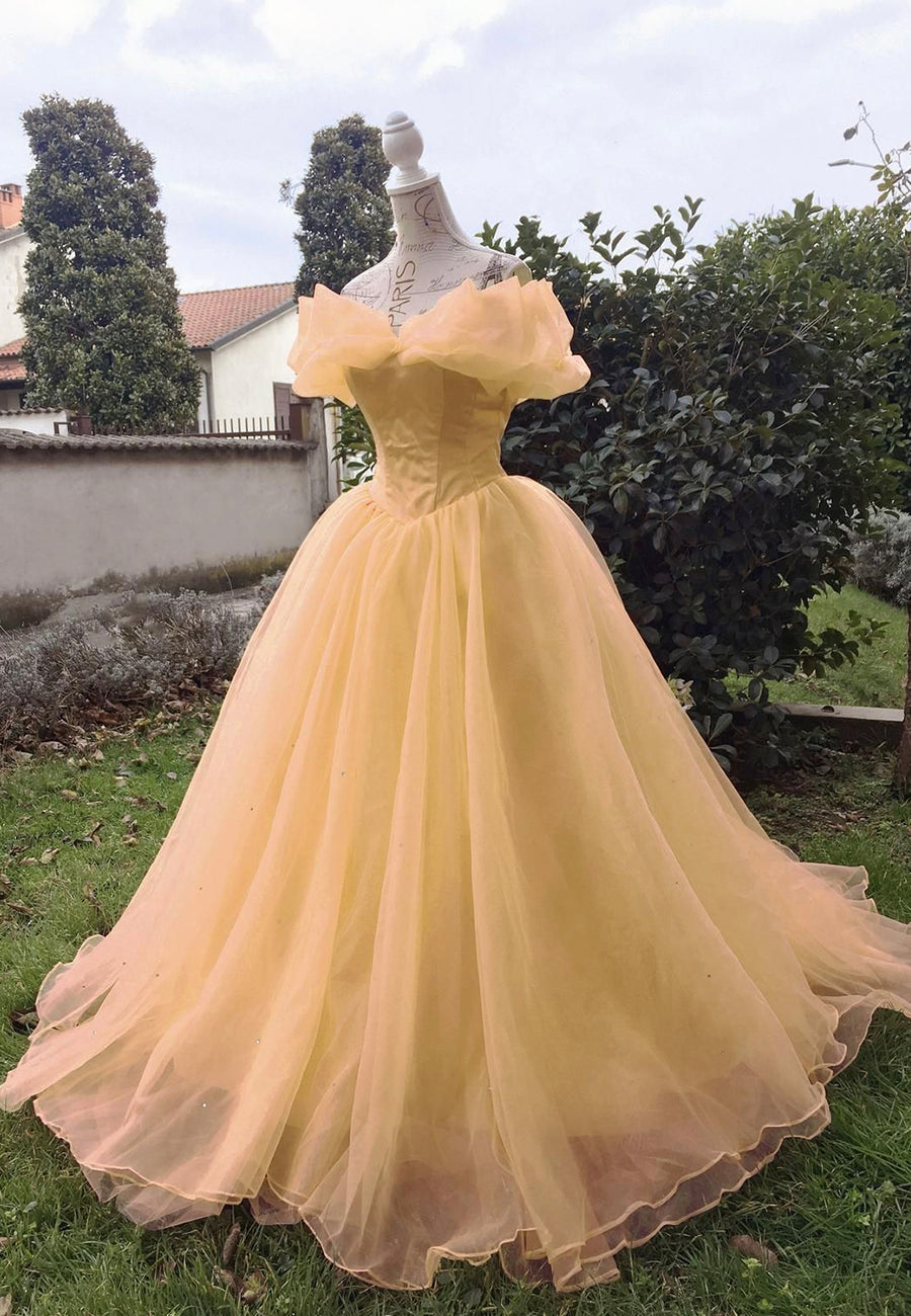 Prom Ideas, Yellow Tulle Long Prom Dresses, A-Line Evening Dresses