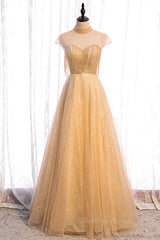 Wedding Party Dress, Yellow A-line Beading Illusion Neck Lace-Up Tulle Long Formal Dress