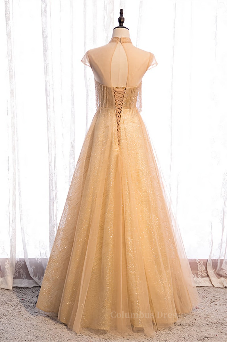 Evening Dresses Long, Yellow A-line Beading Illusion Neck Lace-Up Tulle Long Formal Dress