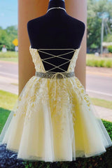 Yellow A Line Halter Backless Homecoming Dress