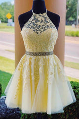 Yellow A Line Halter Backless Homecoming Dress