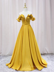 Prom Dresses Under 136, Yellow A-line Satin Long Prom Dress, Yellow Formal Dress
