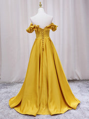 Prom Dresses Under 236, Yellow A-line Satin Long Prom Dress, Yellow Formal Dress