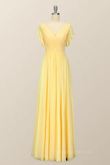Prom Dresses For Blondes, Yellow Chiffon A-line Pleated Long Bridesmaid Dress