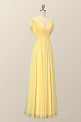 Prom Dress Corset, Yellow Chiffon A-line Pleated Long Bridesmaid Dress