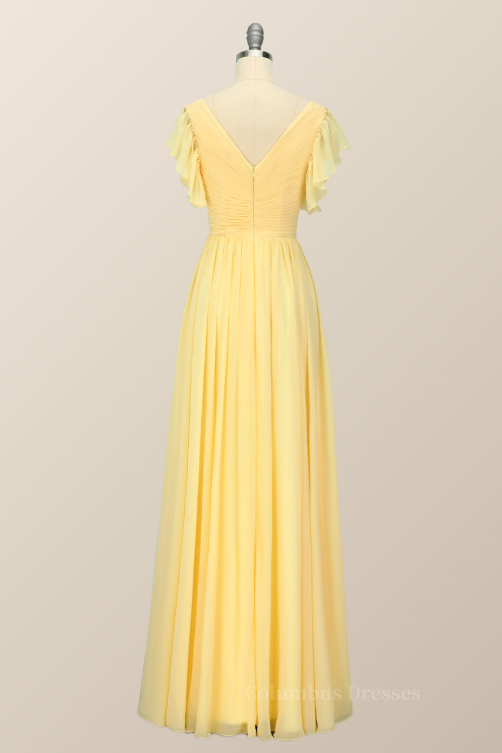 Prom Dresses Boho, Yellow Chiffon A-line Pleated Long Bridesmaid Dress