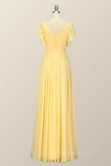 Prom Dresses Boho, Yellow Chiffon A-line Pleated Long Bridesmaid Dress