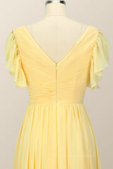 Prom Dresses For Black, Yellow Chiffon A-line Pleated Long Bridesmaid Dress