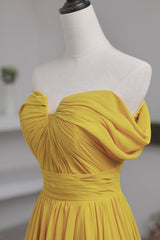Formal Dress Website, Yellow Chiffon Long A-Line Prom Dress, Simple Yellow Evening Dress with Slit