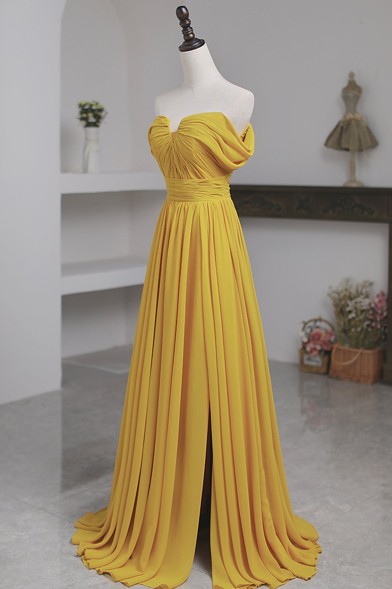Formal Dresses Website, Yellow Chiffon Long A-Line Prom Dress, Simple Yellow Evening Dress with Slit