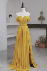 Formal Dress Websites, Yellow Chiffon Long A-Line Prom Dress, Simple Yellow Evening Dress with Slit