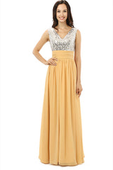 Evening Dress Maxi Long Sleeve, Yellow Chiffon Silver Sequins V-neck Backless Bridesmaid Dresses