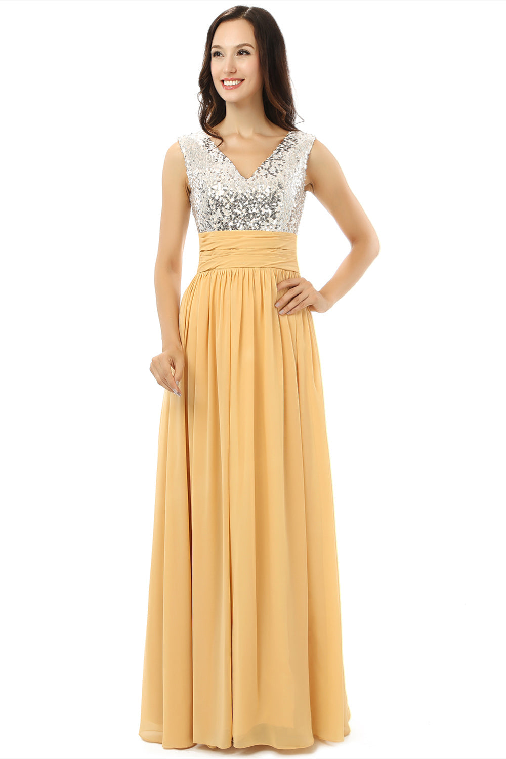Evening Dresses, Yellow Chiffon Silver Sequins V-neck Backless Bridesmaid Dresses
