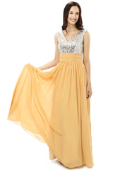 Evening Dresses Velvet, Yellow Chiffon Silver Sequins V-neck Backless Bridesmaid Dresses