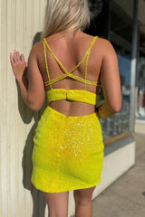 Yellow Deep V-Neck Sequins Tight Homecoming Dress