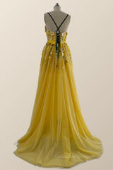 Prom Dress Tight Fitting, Yellow Floral Embroidery A-line Long Formal Dress