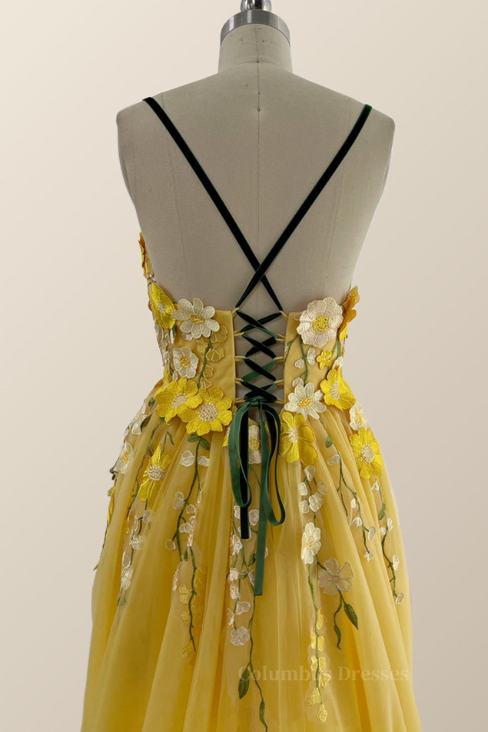 Prom Dresses Tight Fitting, Yellow Floral Embroidery A-line Long Formal Dress