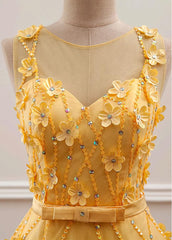 Party Dresses Outfit Ideas, Yellow Flowers Tulle Long New Prom Dress, A-line Party Dress