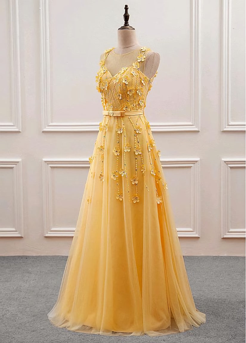 Party Dress Outfits Ideas, Yellow Flowers Tulle Long New Prom Dress, A-line Party Dress