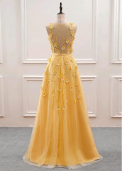 Party Dress Party, Yellow Flowers Tulle Long New Prom Dress, A-line Party Dress