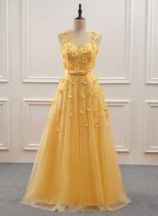 Party Dresses Outfits Ideas, Yellow Flowers Tulle Long New Prom Dress, A-line Party Dress