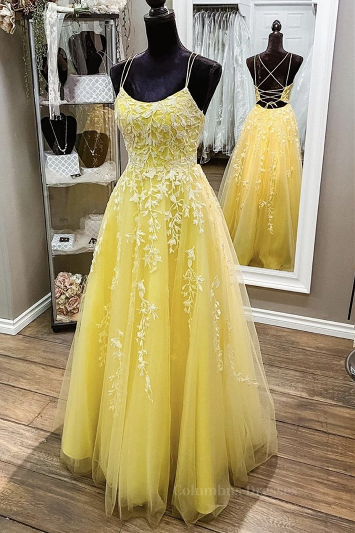 Bridesmaids Dresses Long, Yellow Lace Backless A Line Long Prom Dress Open Back Formal Dress Yellow Evening Dress