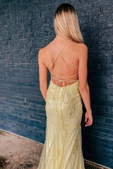 Yellow Lace-Up Mermaid Prom Dress with Appliques
