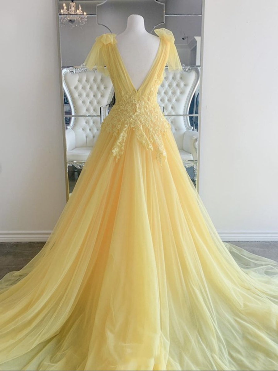 Navy Blue Dress, Yellow Long A-line V Neck Lace Tulle Backless Formal Graduation Prom Dresses