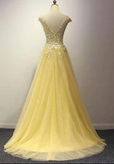 Party Dresses Long Sleeve, Yellow Long Prom Dress, A-line Round Neckline Formal Dress