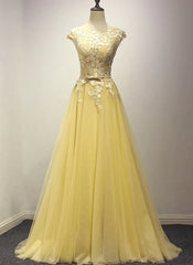 Party Dress Sparkle, Yellow Long Prom Dress, A-line Round Neckline Formal Dress