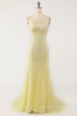Prom Dresses For Short Girls, Yellow Mermaid Lace Appliques Long Formal Dress