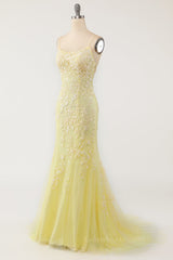 Prom Dresses For Short Girl, Yellow Mermaid Lace Appliques Long Formal Dress