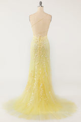 Prom Dress For Girl, Yellow Mermaid Lace Appliques Long Formal Dress