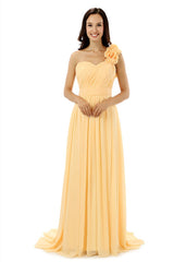 Evening Dresses Mermaid, Yellow One Shoulder Chiffon With Pleats Flower Bridesmaid Dresses