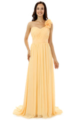 Evening Dresses V Neck, Yellow One Shoulder Chiffon With Pleats Flower Bridesmaid Dresses