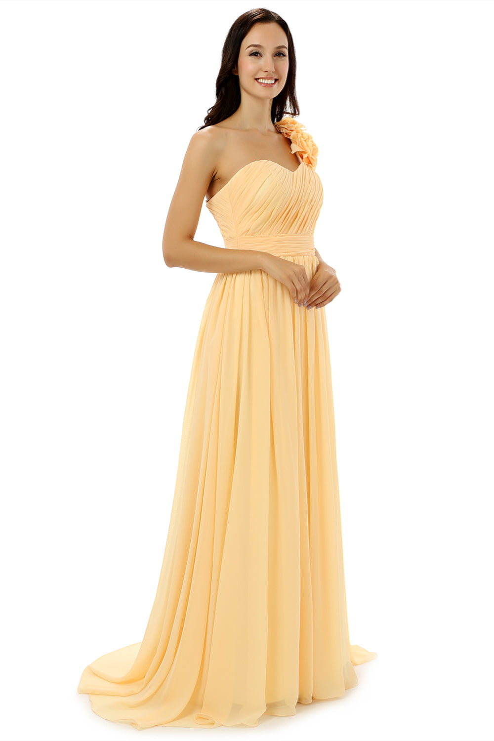Evening Dress Lace, Yellow One Shoulder Chiffon With Pleats Flower Bridesmaid Dresses