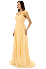 Evening Dress Short, Yellow One Shoulder Chiffon With Pleats Flower Bridesmaid Dresses