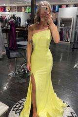 Yellow One Shoulder Sequins Mermaid Prom Dress with Slit