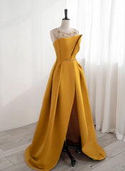 Party Dresses Ideas, Yellow Satin Beaded Long Prom Dress with Leg Slit, Yellow A-line Party Dress
