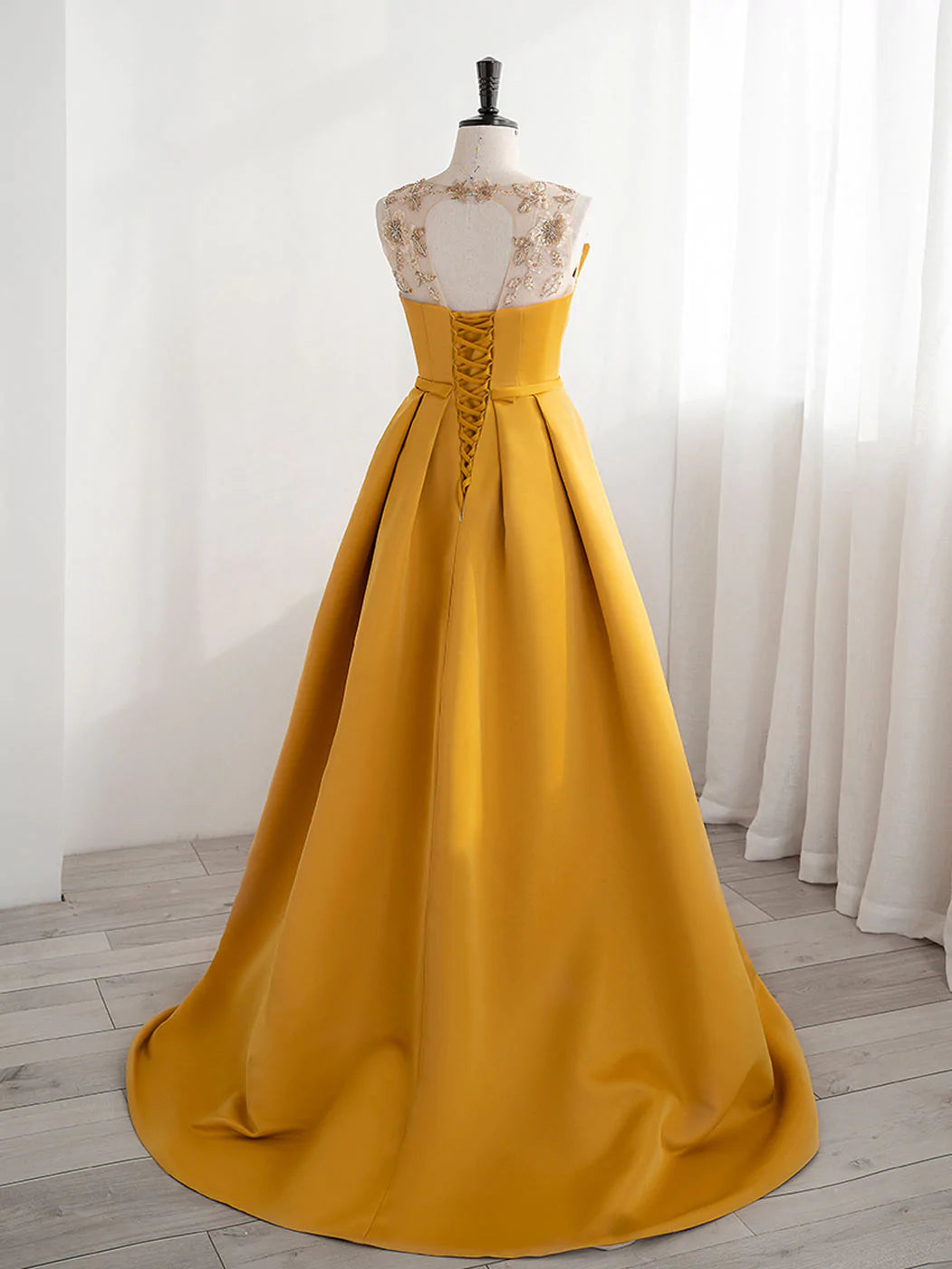 Party Dress A Line, Yellow Satin Beaded Long Prom Dress with Leg Slit, Yellow A-line Party Dress