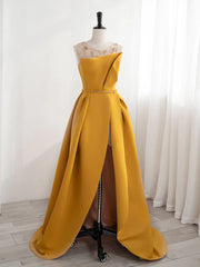 Party Dresses Idea, Yellow Satin Beaded Long Prom Dress with Leg Slit, Yellow A-line Party Dress