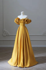 Bridesmaides Dress Ideas, Yellow Satin Long Prom Dress, Simple Off Shoulder Evening Party Dress