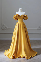Bridesmaid Dress Idea, Yellow Satin Long Prom Dress, Simple Off Shoulder Evening Party Dress