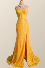 Party Dress Classy, Yellow Sequin Corset Mermaid Long Party Dress