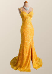 Party Dresses Outfit, Yellow Sequin Corset Mermaid Long Party Dress
