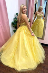 Yellow Spaghetti Straps Prom Gown