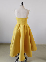 Formal Dress With Sleeve, Yellow Sweetheart Neck Satin Tea Length Prom Dress, Yellow Formal Dress