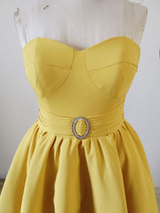 Formal Dresses With Sleeve, Yellow Sweetheart Neck Satin Tea Length Prom Dress, Yellow Formal Dress