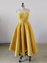 Formal Dress Homecoming, Yellow Sweetheart Neck Satin Tea Length Prom Dress, Yellow Formal Dress