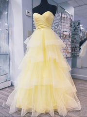 Prom Dresses For 027, Yellow Sweetheart Tulle Long Prom Dress With Layered Graduation Gown